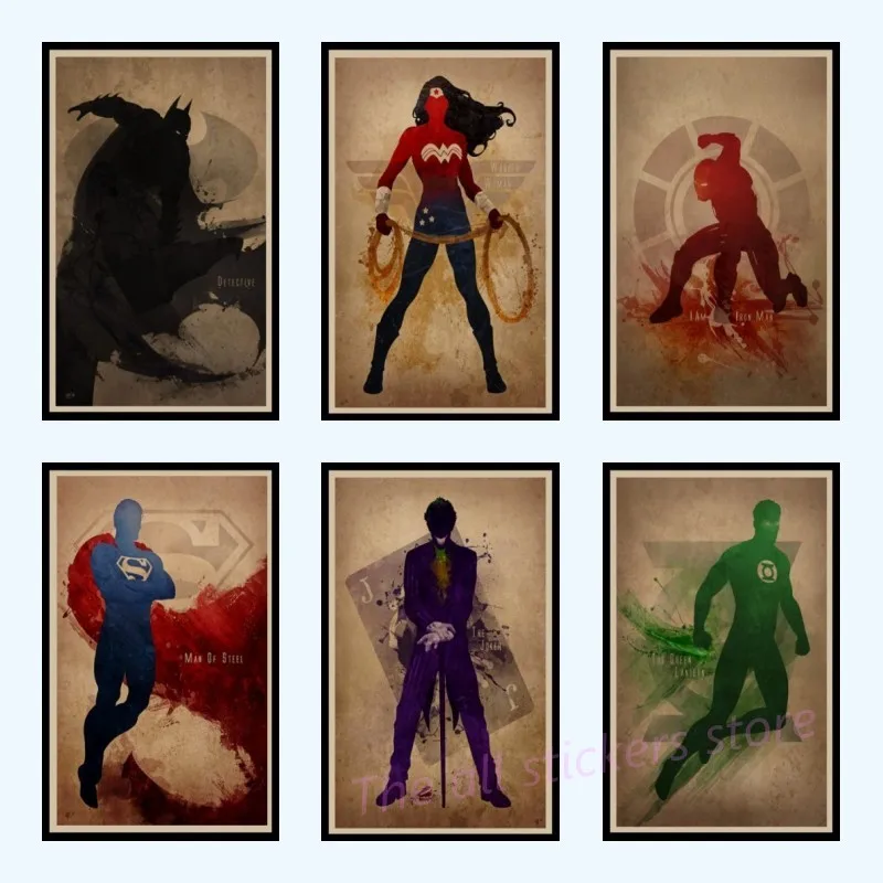 

Superheroes Poster decorative painting ink Catwoman / Wonder Woman / Spider-Man / Flash / Superman vintage wall stickers 2002