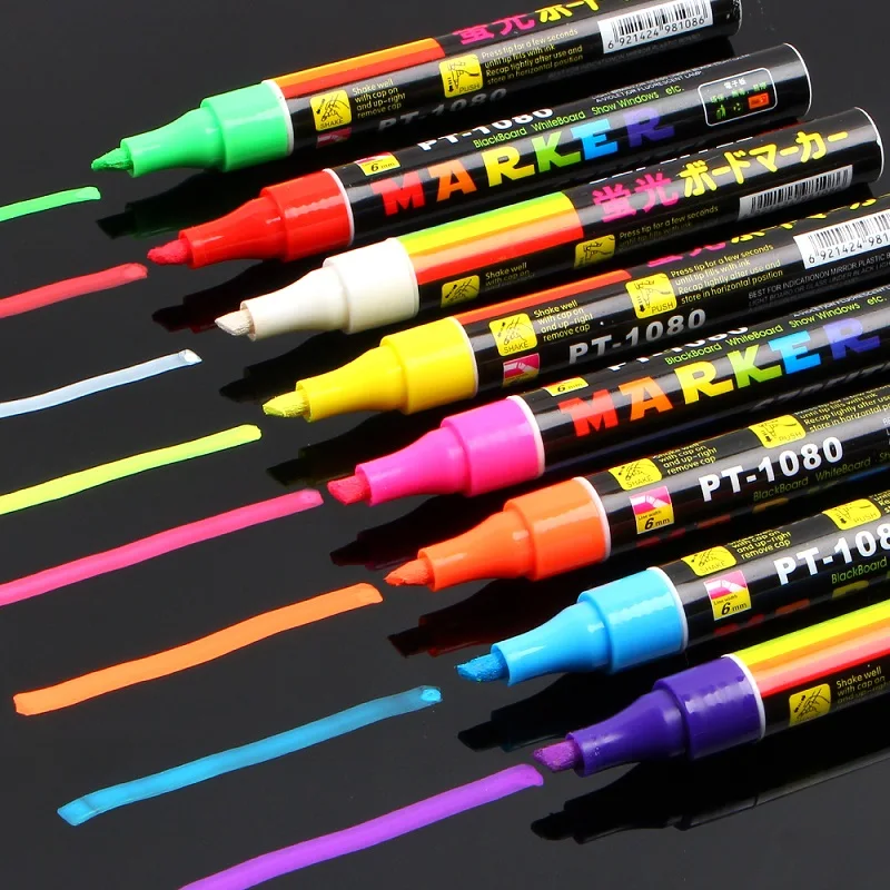 8 цветов, 6 мм, стираемая косая маркер, Набор ручек, жидкий мел, флуоресцентный неоновый светодиодный, оконные, стеклянные краски, маркеры для доски