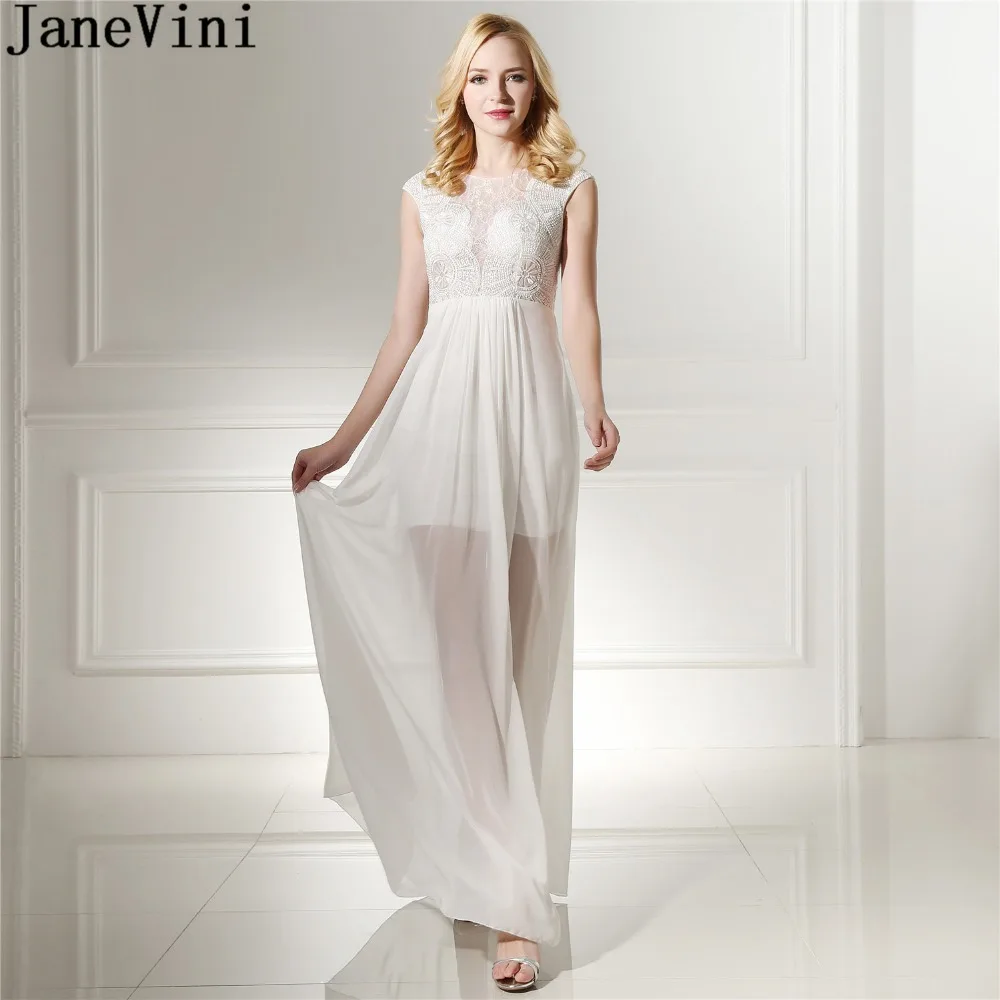 

JaneVini Sexy White Beaded Long Prom Dress 2018 High Low Bridesmaids Dresses For Wedding Party Gowns Chiffon Sleeveless Formal