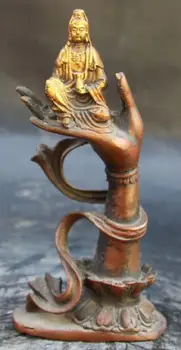 

7" Chinese Buddhism Bronze Gilt Buddha Hand Guanyin Kwan-yin Goddess Statue