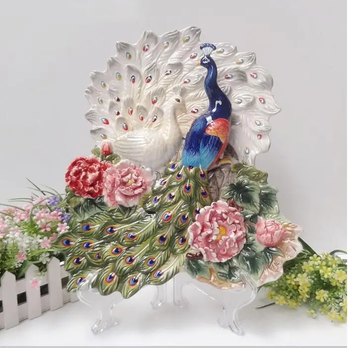 

Pastoral Wall Hanging Decoration peacock Plate Ceramic Crafts Adornment Dish Creative figurine living room decoration ornaments