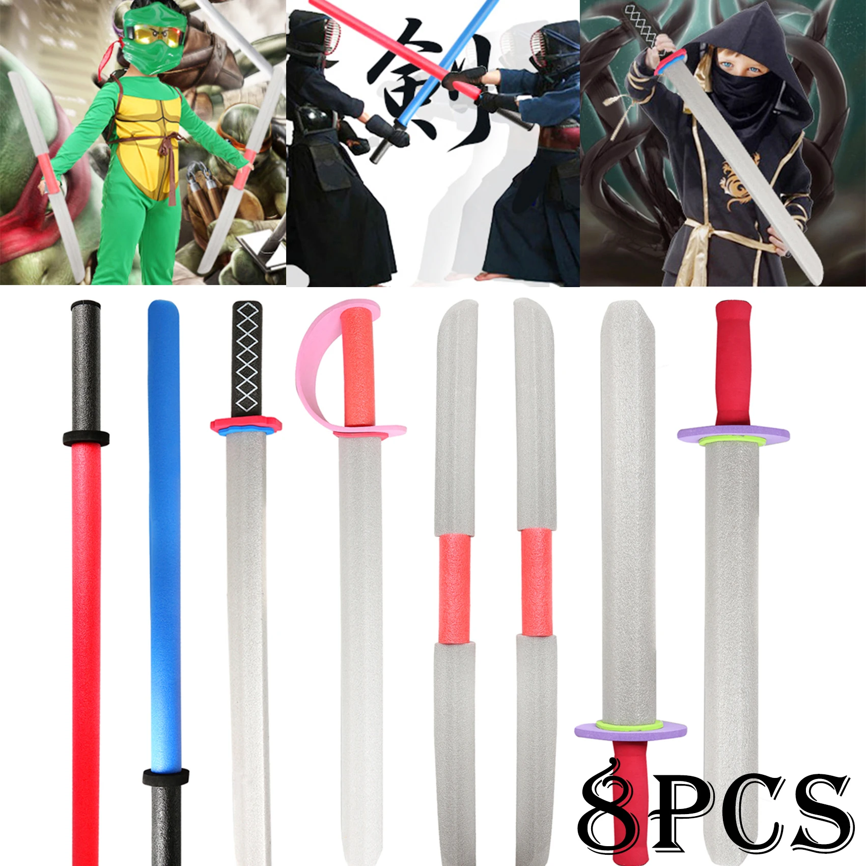 

Pack of 8 30" EVA Foam Toy Swords Set Warrior Weapons Toy Model Toy Pretend Playset for Kids Different Designs Hilt Color random
