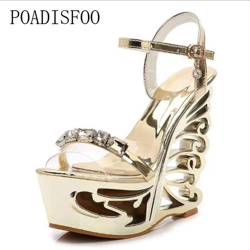 

2018 New Women's Sexy Super High Heels Sandals Sliper Gold Sliver 15cm Platform Strange Style heel Crystal Sandals .ZYW-1076-1