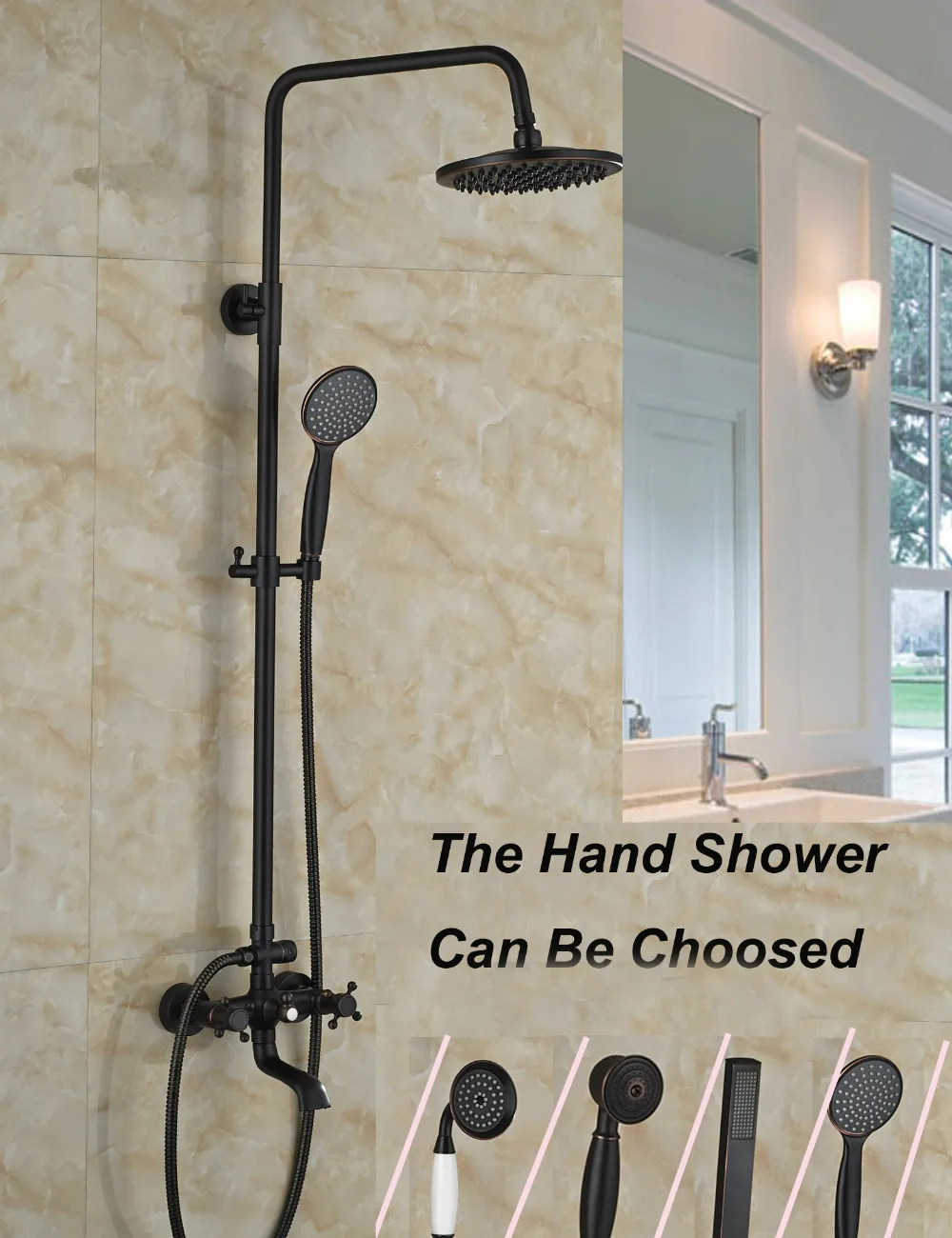 

Wholesale And Retail Luxury Oil Rubbed Bronze 8" Round Rain Shower Faucet Dual Handles Tub Spout Hand Shower Mixer Tap