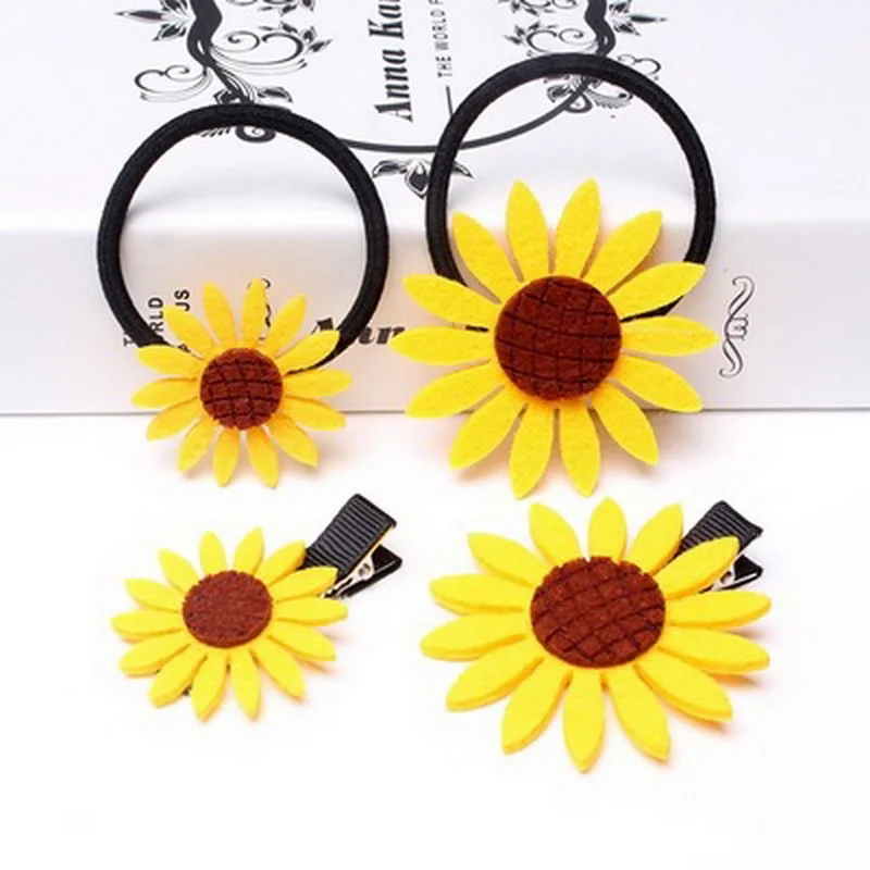 

1 set sunflower elastic rubber hair band and barrette for girls hair accessories kids cute flower hair clip hairband headdress