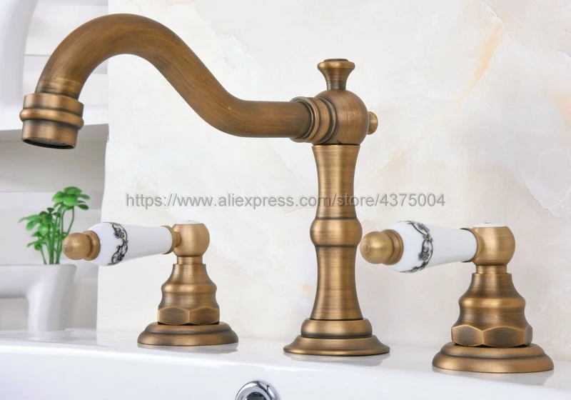 Antique Brass Widespread Bathroom Basin Faucet Dual Handle 3 Holes Basin Mixer Sink Taps Deck Mounted Nan072