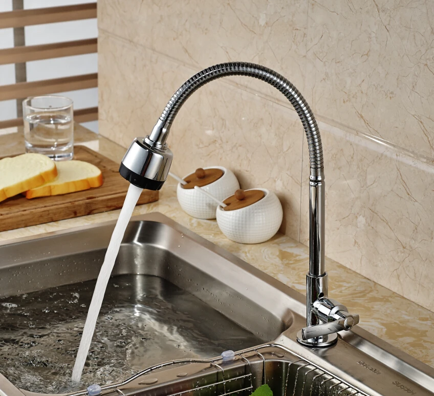 Classic Deck Mounted Kitchen Faucet Cold Tap Chrome Brass Swivel Spout Single Handle Single Sprayers