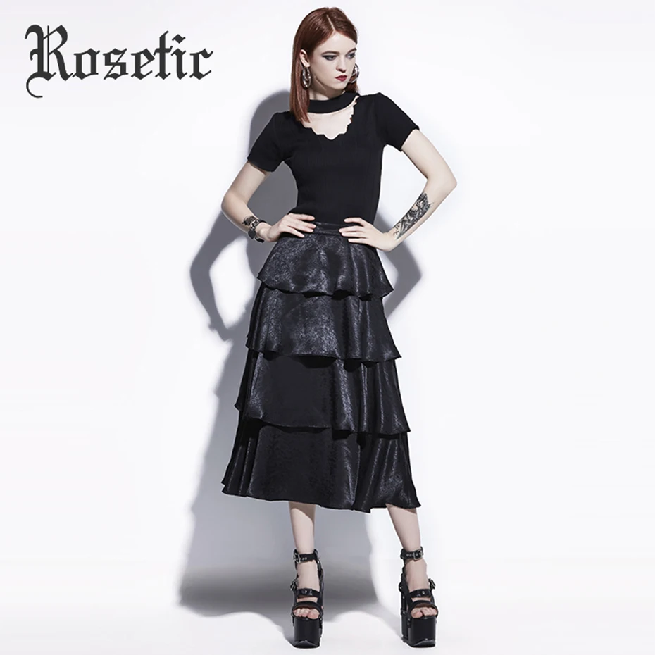 Rosetic Gothic Skirt Black Autumn Stacked Ruffles Long Mid Calf Skirt Street Darkness Slim Waist
