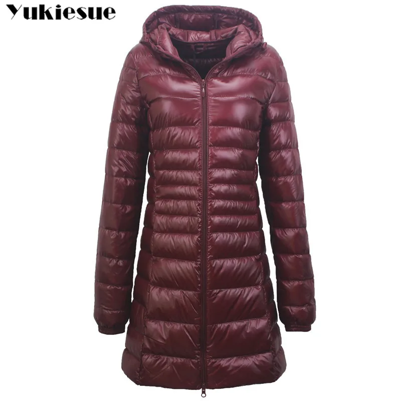 S~ 6XL новая осенняя зимняя женская куртка на утином пуху тонкие парки дамское пальто длинное с капюшоном размера плюс ультра светильник верхняя одежда женская