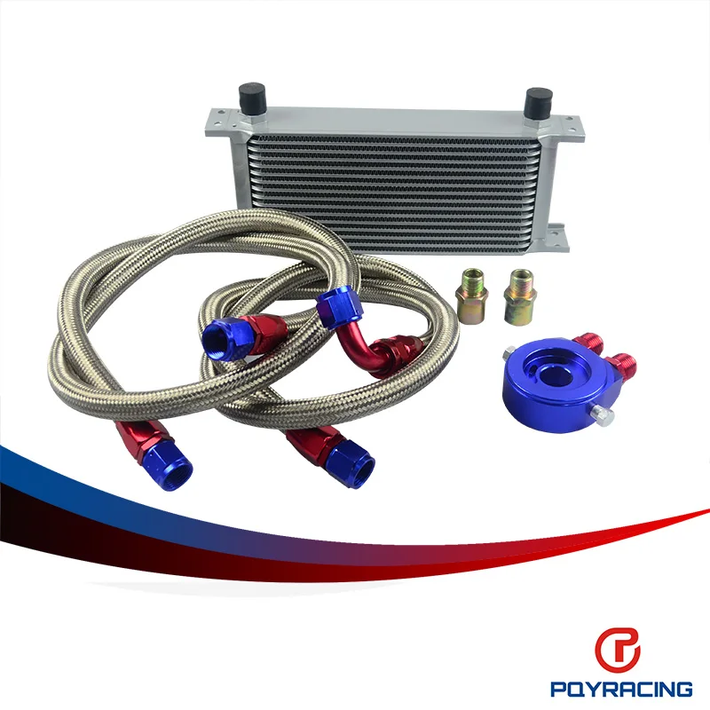 

PQY RACING- AN10 OIL COOLER KIT 16 ROWS TRANSMISSION OIL COOLER SILVER+OIL FILTER ADAPTER BLUE + STAINLESS STEEL BRAIDED HOSE