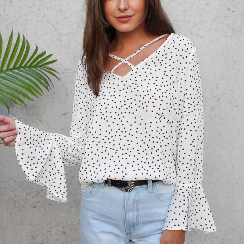 

Manubeau Summer Women Plus size Polka Dot Blouses Vintage Blusa Chiffon Blouse Shirt Office Ruffles Flare sleeve V-Neck Tops