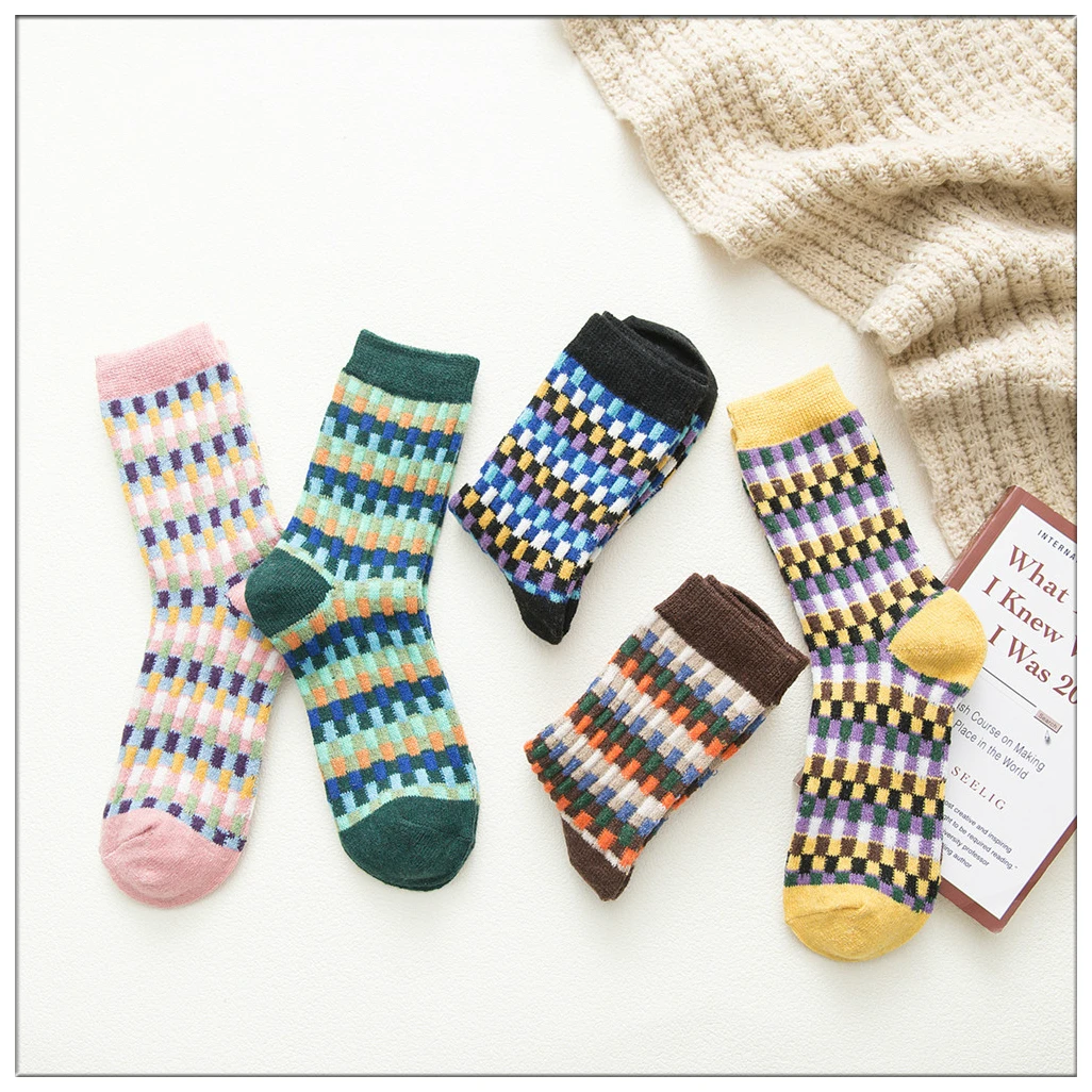 Новые релиз зимние женские толстые теплые квадраты цветной узор Harajuku модные шерстяные носки 5 пар