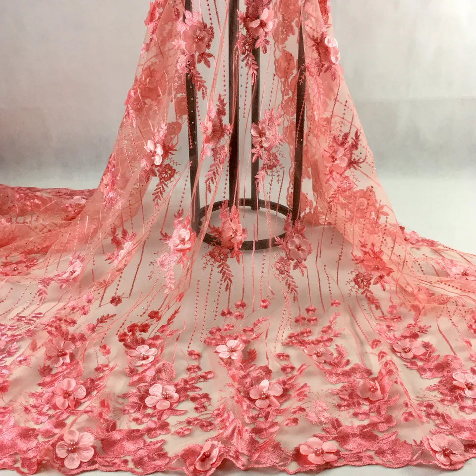 Африканская кружевная ткань высокое качество кружевная розовая Свадебная кружевная ткань с бисером нигерийский Тюль Сетка кружевная ткань HX05F