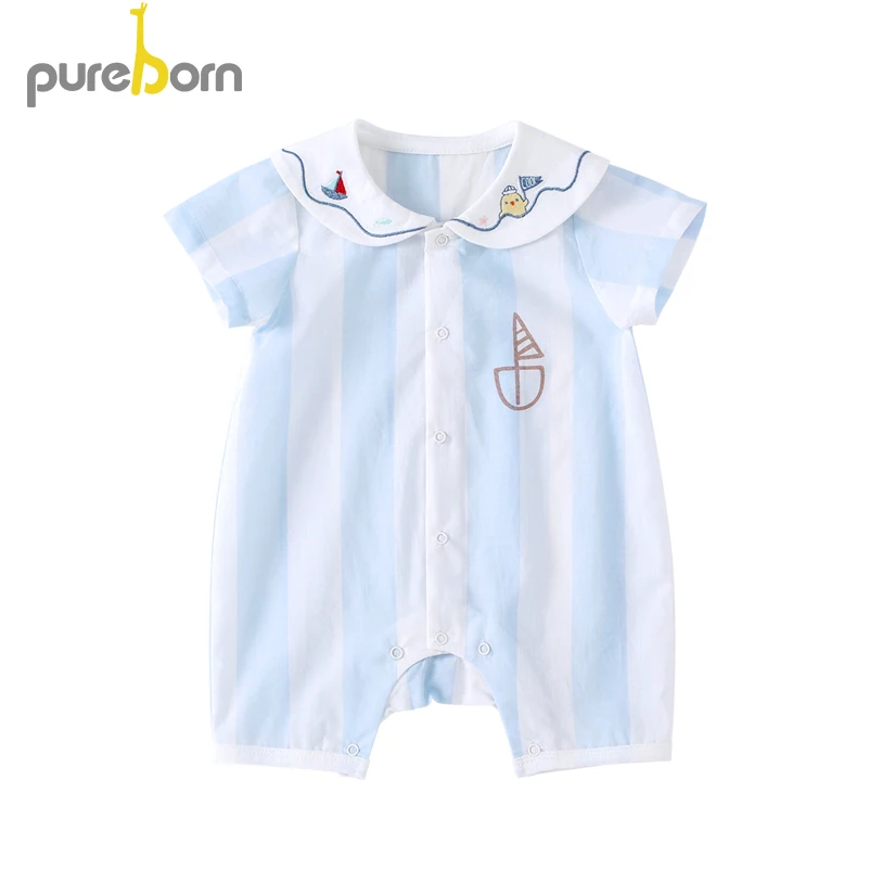 

Pureborn Baby Rompers Cartoon Stripe Peter Pan Collar Short Sleeve Onesies Navy Baby Boys Girls Infant Toddler Clothes Summer