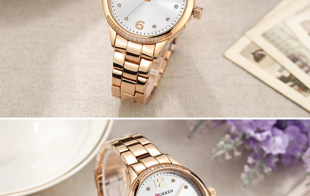 CURREN простой стиль женское платье Кристалл Кварцевые часы Бизнес наручные часы из нержавеющей стали браслет дамы подарок 9003 розовое золото
