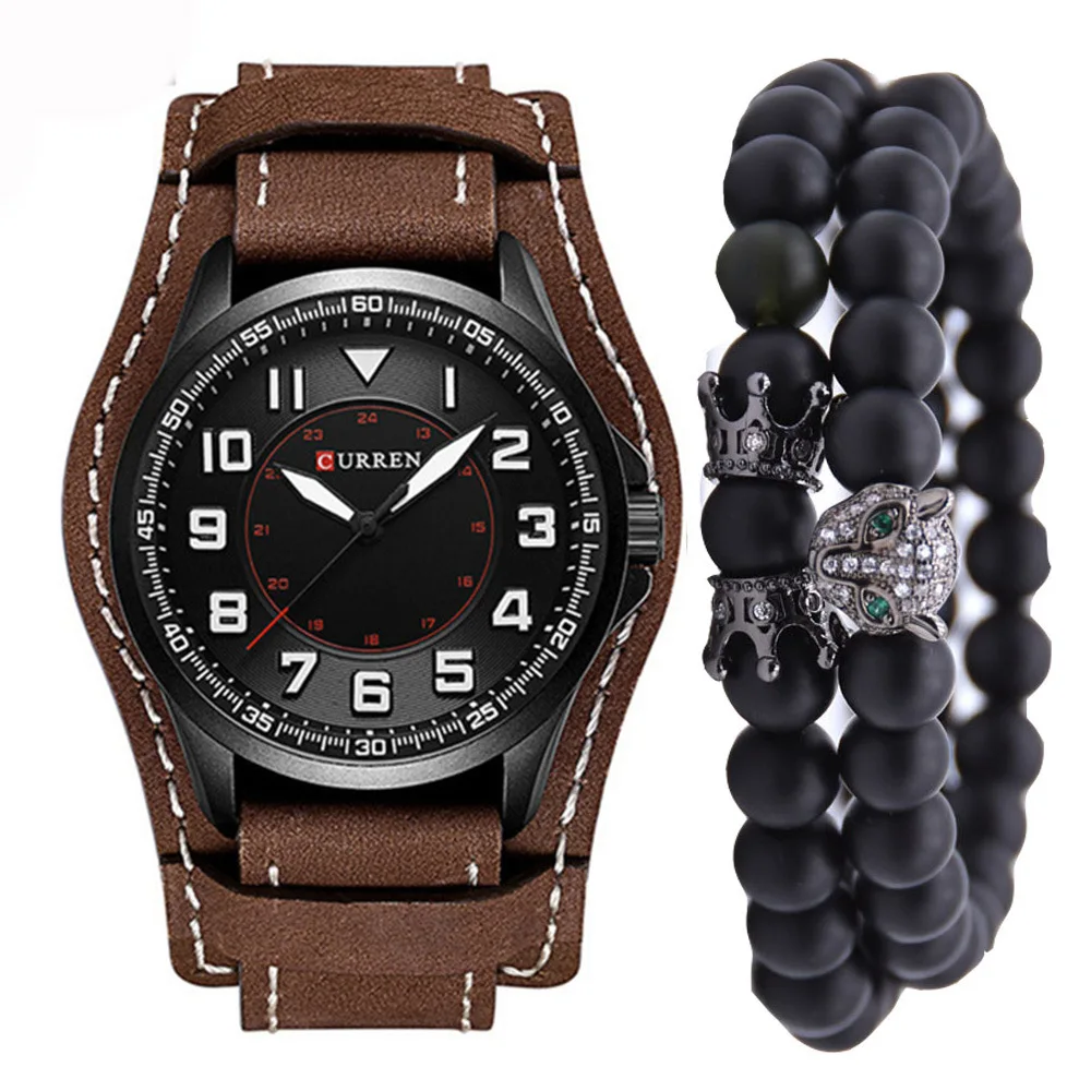 

Men Wide skin Punk Genuine Leather quartz Watch Buddha hand beads Beading Bracelet Suit 3pcs/set gift