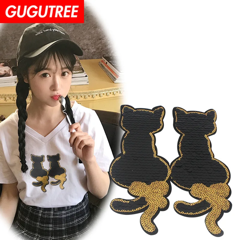 

GUGUTREE embroidery Sequins big cats patches animal patches badges applique patches for clothing XC-155
