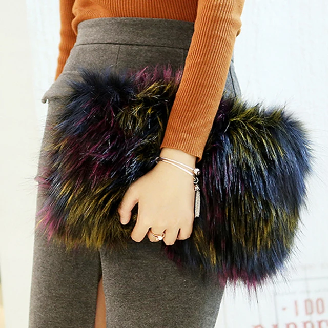 Yesikimi Faux Fox Fur Handbag Winter Warm Clutches Female Colorful Yesikimi Faux Fox Fur Handbag Winter Warm Clutches Female Colorful Evening Bag Envel Party Purse Chain