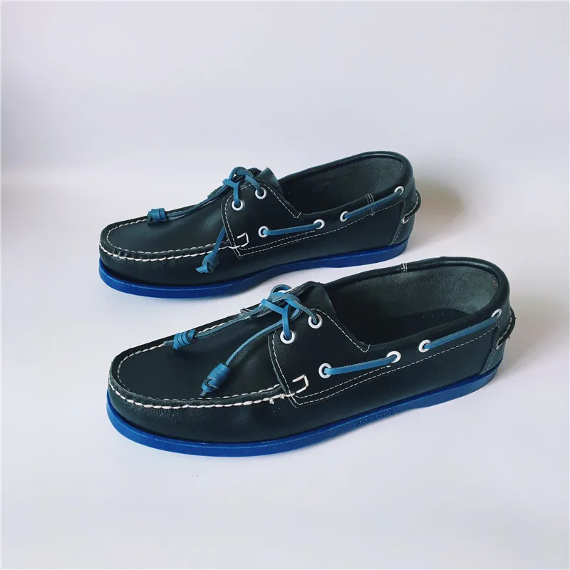 Black Leather with Blue Sole Men Casual Flats Lace Up Design Loafers Shoes for Men Euro 42 Fashion Driving Moccasins Shoes