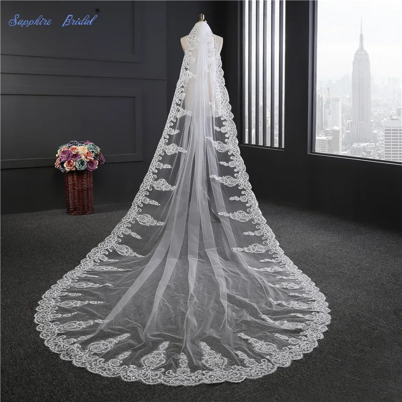 

Sapphire Bridal 3M White Ivory Cathedral Veils Long Lace Edge Bridal Veil with Comb Wedding Accessories Bride Mantilla Veils