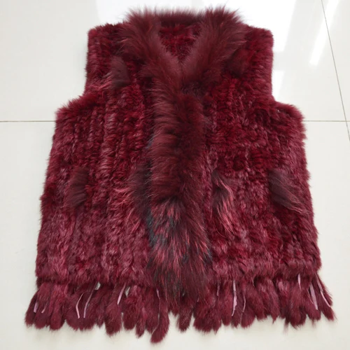 wine red Лидер продаж, повседневный женский жилет из натурального кроличьего меха, вязаный жилет с кисточками из натурального кроличьего меха, жилет с воротником из натурального меха енота - Цвет: wine red