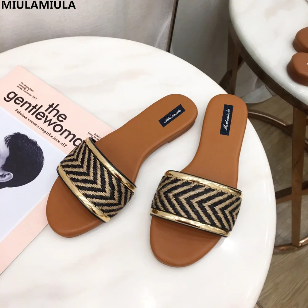 

MIULAMIULA Brand Designers 2019 Summer New Black Apricot Gingham Stripe Woman Flock Shoe Slip On Loafers Mules Flip Flops Casual