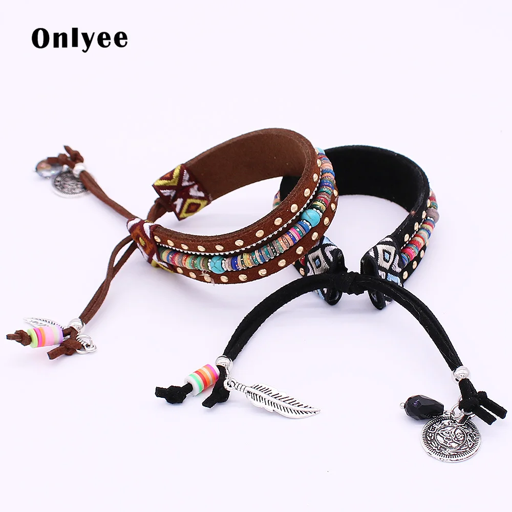 

Onlyee Leather Bracelets Handmade Jewelry Bohemian Style Beaded Strand Bracelet Black Brown Ribbon Bracelets for Women