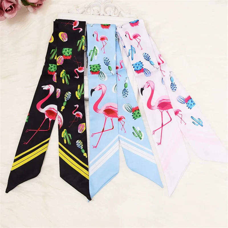 

2019 Design Long Skinny Scarf New Flamingo Print Women Silk Scarf Small Handle Bag Ribbons Female Head Scarves Girls Neckerchief