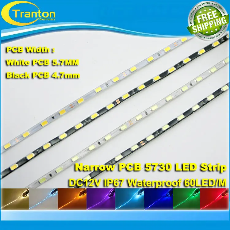 

Narrow side IP65 Waterproof 5730 LED Strip flexible light DC12V,5.7mm / 4.7mm Width,Black / White PCB,60led/m,5m/lot