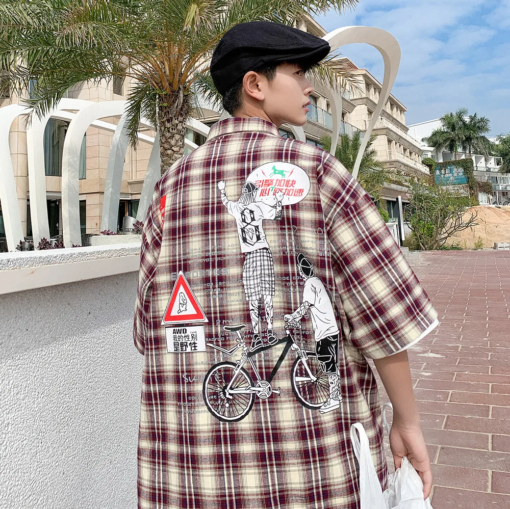 

YASUGUOJI New 2019 Summer Japanese Loose Short Sleeve Shirt Men Fashion Printed Shirt Men Oversize Plaid Mens Checkered Shirts