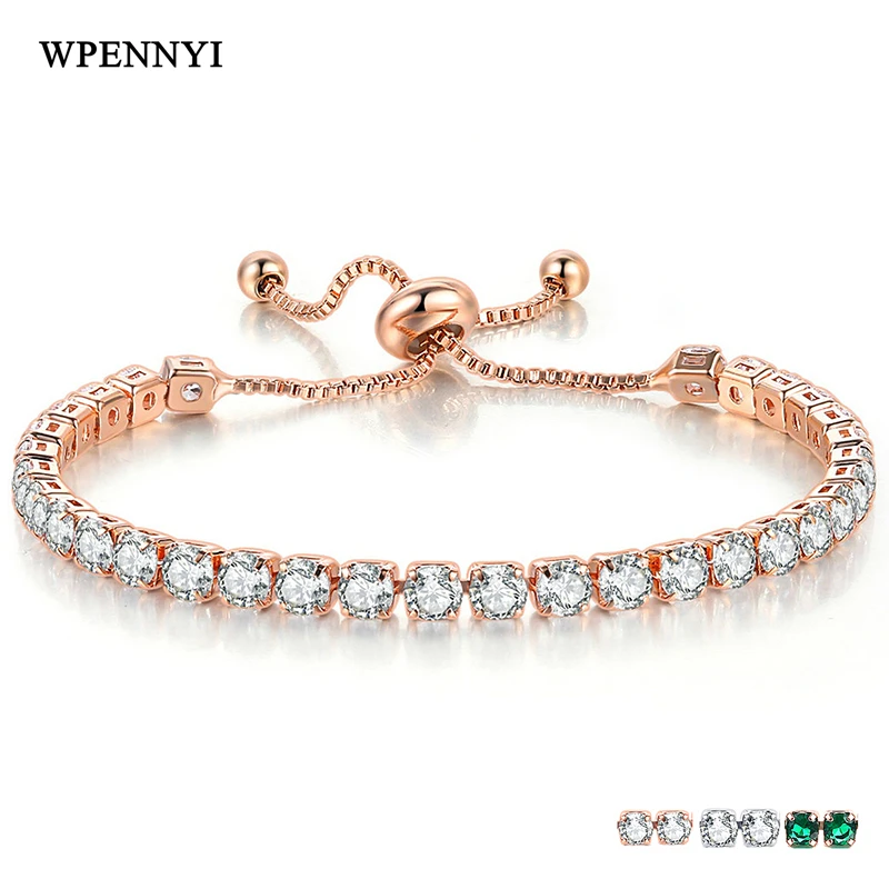 

3 Colors Tennis Bracelet 4mm 0.25ct Sparkling 32 pcs Zirconia Rose Gold Color Box Chain Adjustable Christmas Gifts Wholesale