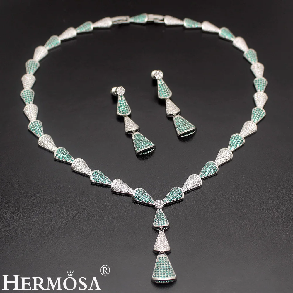 

HERMOSA jewelry New Wedding accessories Fashion 925 Sterling Silver GREEN Bamboo shape Necklace Earrings set ST89