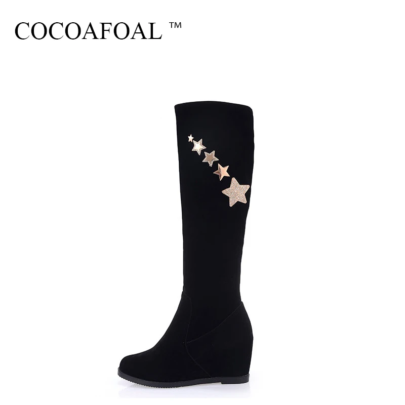 

COCOAFOAL Women's 6 CM Height Lncreasing Shoes Autumn Winter Plus Size 33 40 Black Knee High Boots Sexy Crystal Knee High Boots