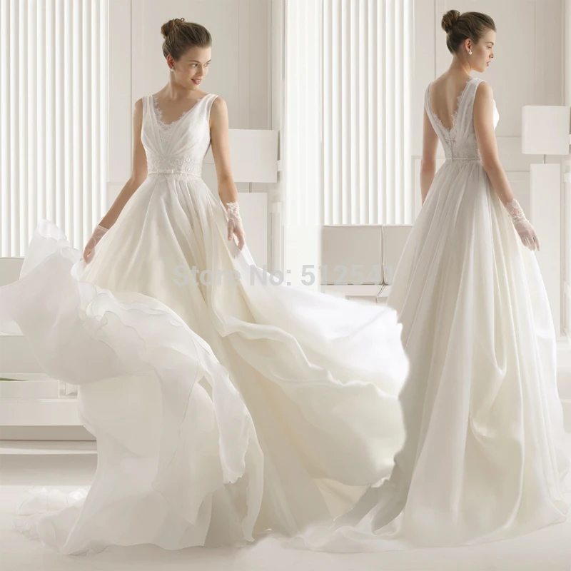 

2015 Chiffon Wedding Dresses A Line V Neck Applique Beads Sequin Pleats Sweep Train Bridal Gown yk1A351