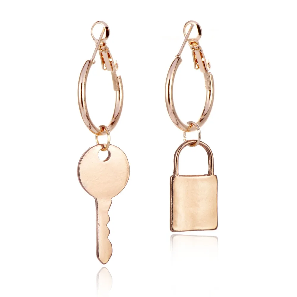 

Hot Trendy Gold Silver Color Lock Key Drop Earrings For Women Simple Unique Asymmetrical Earrings Female Jewelry Party Gifts