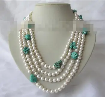 

classic 4rows 7mm round white freshwater pearl blue turquoise necklace h933