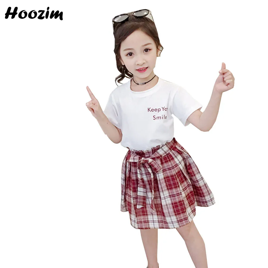 

Cute Kids Girls Clothing Set 10 11 Years Letter Cotton Short Sleeve T Shirt Plaid Belt Elastic Waist Skirt Preppy Suit children
