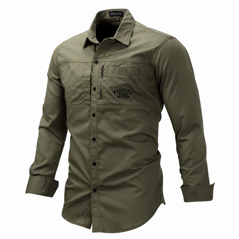 Мужская рубашка в стиле милитари с длинным рукавом, нагрудный карман, Повседневная хлопковая летняя рубашка, Мужская одежда, армейский зеленый цвет, Camisa Masculina, FM117