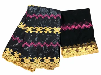 

Hot sale black 5Y African cotton bazin lace fabric and 2Y net lace cloth for making dress IKBN44 many color