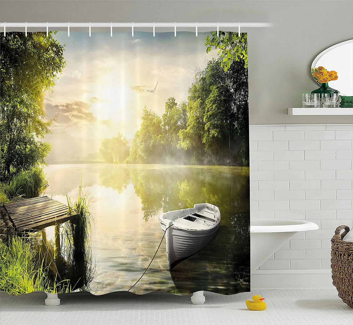 Nature Shower Curtain Boat by the Foggy Lake Deck Dreamy Forest in the