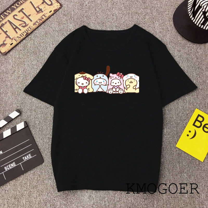 

Ladies Funny Kitty Family T Shirt Cotton O-Neck Hello Kitty Print Casual Short Sleeve Harajuku Women's Black T-Shirt Polyester