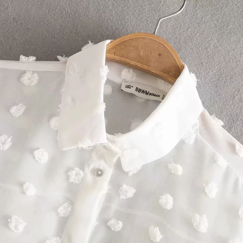 Флокированная шифоновая женская рубашка в горошек с длинным рукавом, повседневная женская белая блузка топы свободного покроя, лето, Blusas Mujer S5781