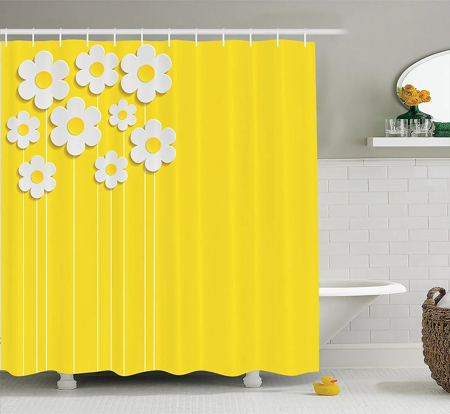 Green Leaves Yellow Daisy Flowers Bathroom Shower Curtain Set Waterproof Fabric