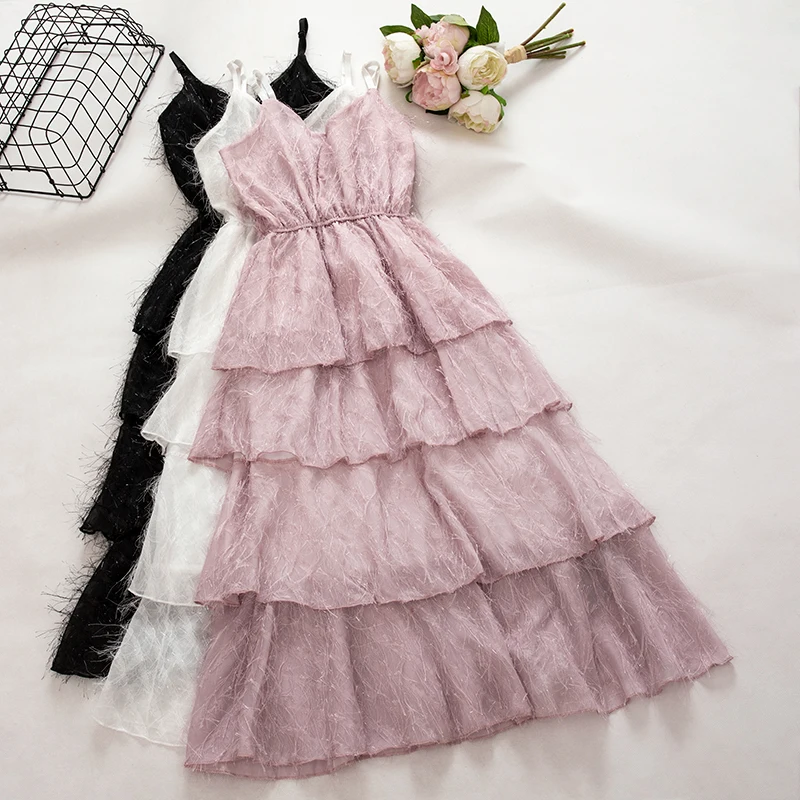 

Women Summer Off Shoulder Spaghetti Strap Halter Ruffles Tassel Dress Casual Pullover Elastic Slim High Waist Layer Cake Dress
