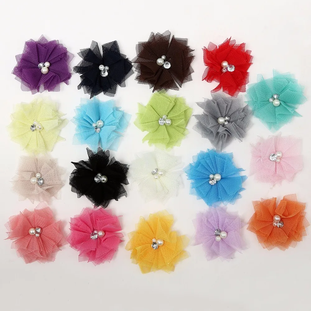 

200pcs/lot 19Colors 2" Mini Tulle Mesh Chiffon Flowers Rhinestone Pearl In Center DIY Craft Boutique Hair Accessories