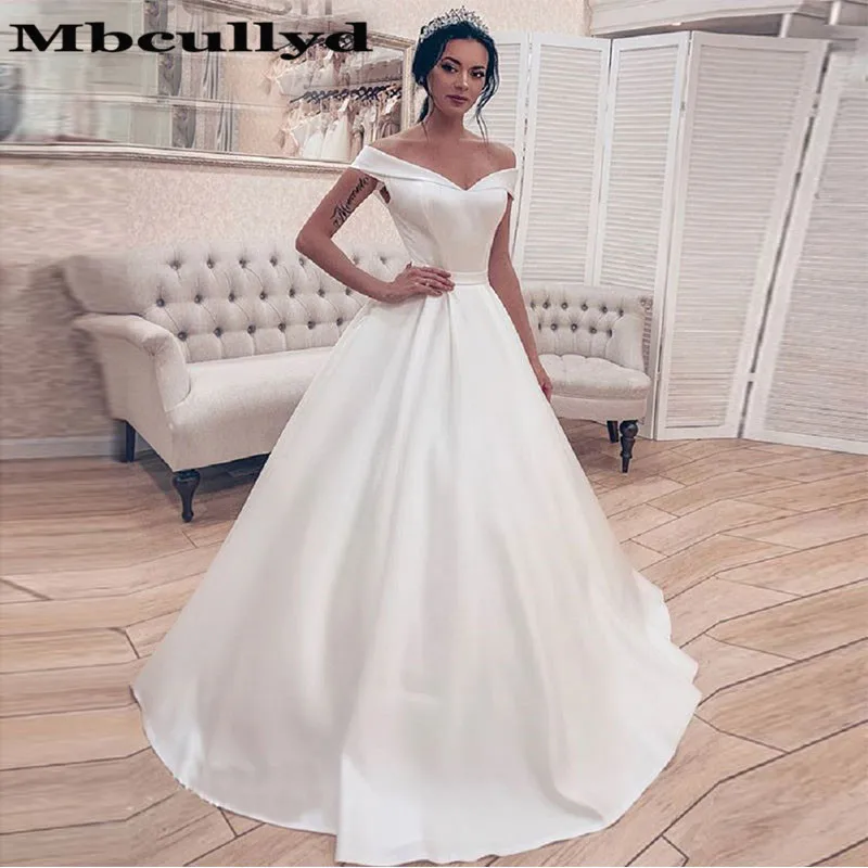 white satin a line wedding dress