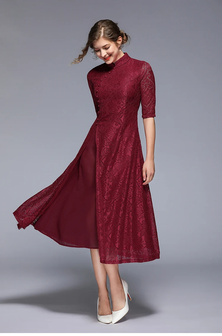 Весеннее летнее винтажное кружевное длинное платье с цветочным рисунком в стиле пэчворк элегантное тонкое женское вечернее платье в стиле Чонсам Vestidos