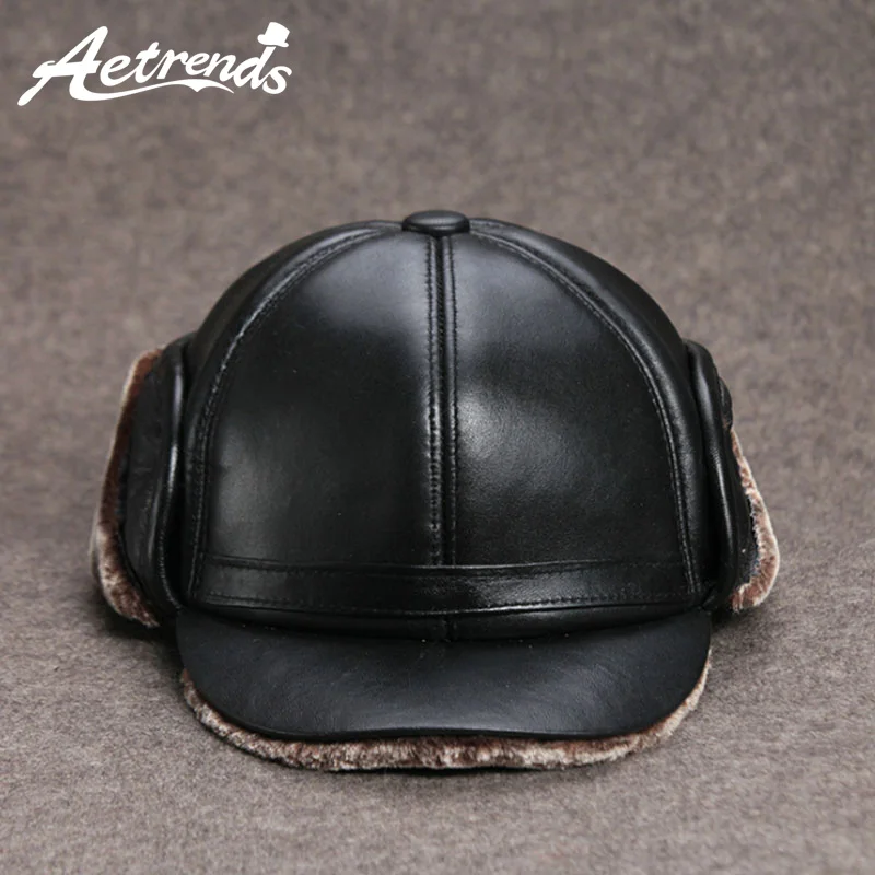 

[AETRENDS] Winter Hat Genuine Leather Baseball Caps with Ears Flaps Russia Trucker Cap 100% Leather Warm Dad Hats Z-6715