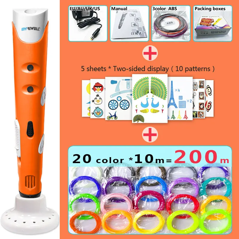 Orange pen Package 4 Myriwell 3d Ручка 3d ручки, 1,75 мм ABS/PLA нити, 3 d ручка 2018Smart3d ручка с принтом, подарок на день рождения ребенка, 3d печать pen3d модель - Цвет: Orange pen Package 4