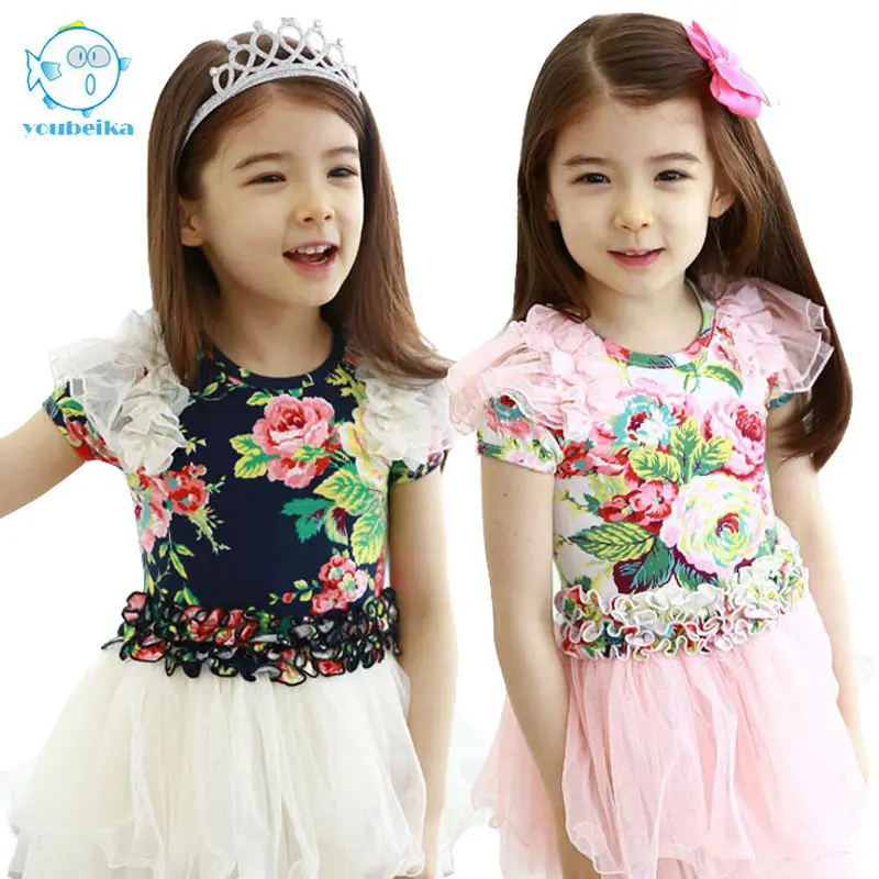 Обувь для девочек платье Новинка 2017 г., детская одежда летняя мода Стиль для маленьких девочек милые цветы белый темно-одежда принцессы